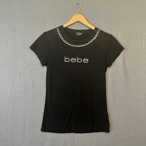 Bebe Black Swarovski  Neck Line Short Sleeve Logo Tee Shirt Womens , Y2K , Med